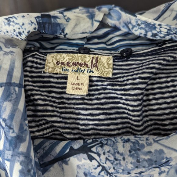 One World blue and white blouse with removable collar/scarf - Picture 8 of 9